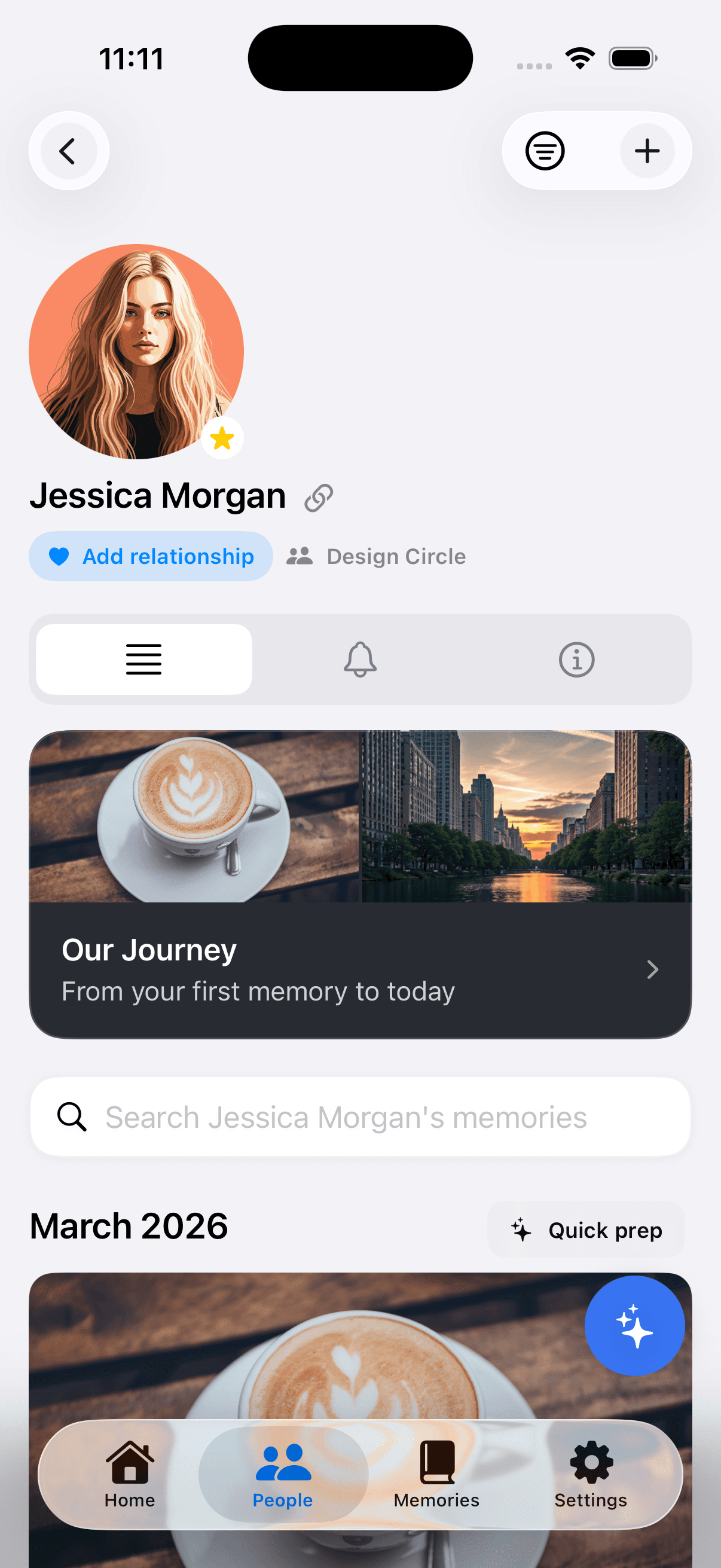 Jessica Morgan page in Remi, with Our Journey and the memories saved for her.