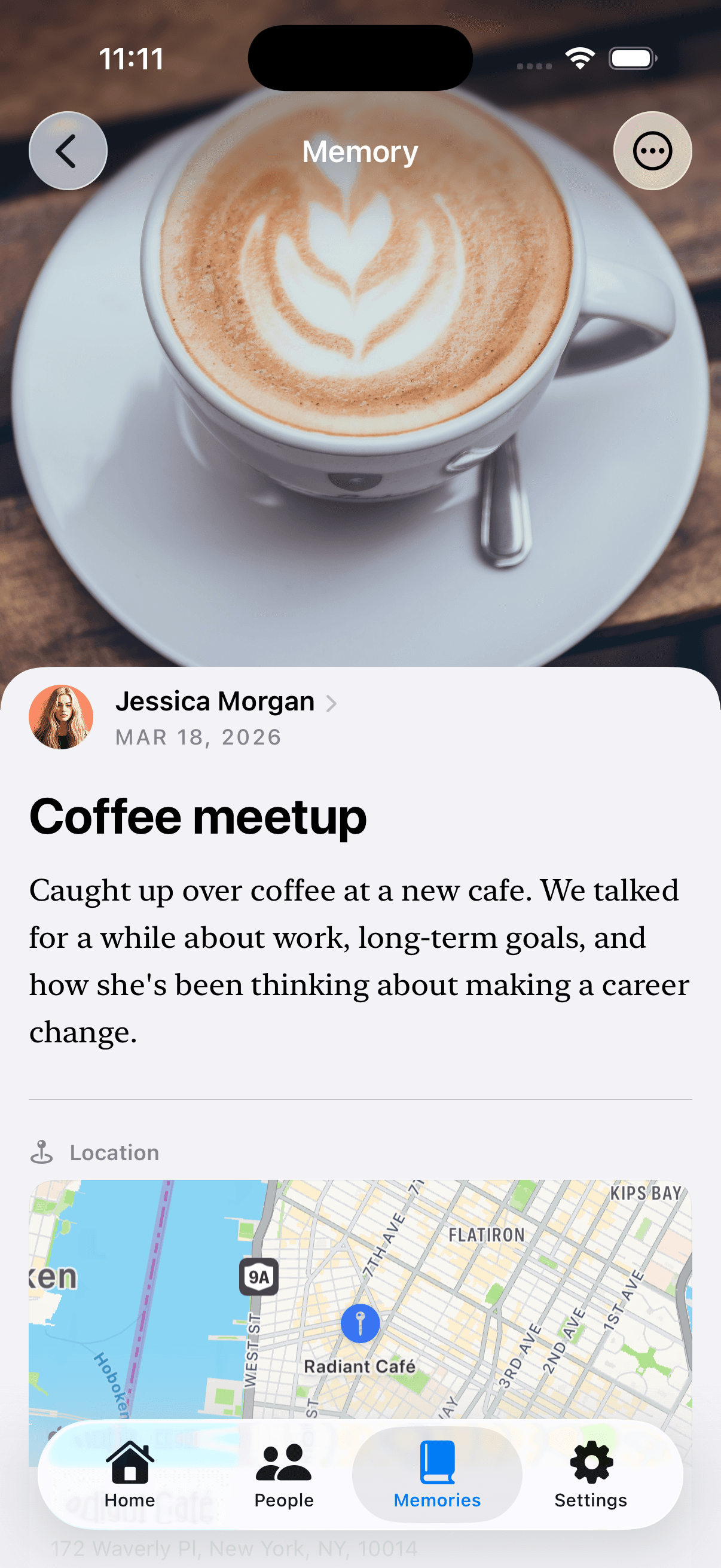 A Remi memory for Jessica Morgan: Coffee meetup, with the note and place you saved.